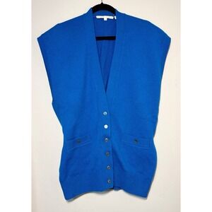 Vintage Perry Ellis Sweater Vest Women's Large Wool Cashmere Button Front Blue